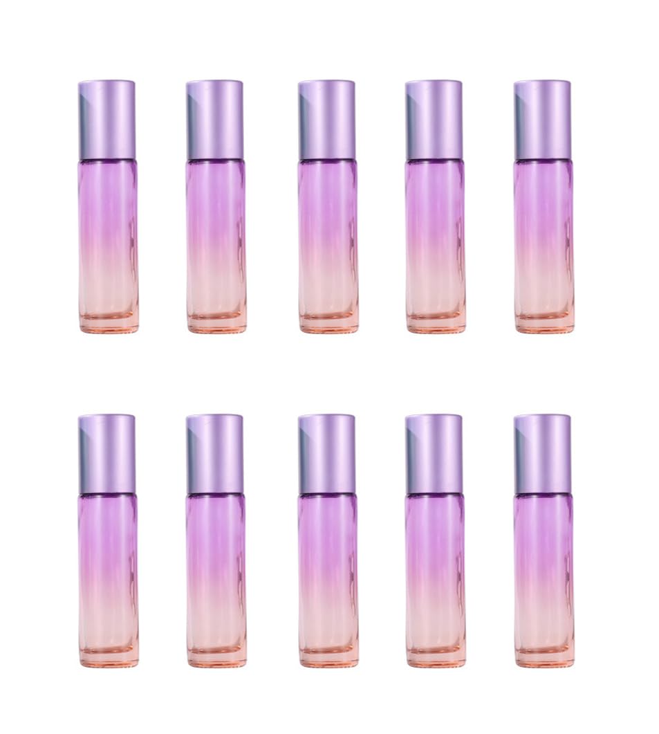 YORROR 10 Packs 10ml Gradient Color Essential Oil Roller Bottles,Thick Glass Empty Refillable Roll On Bottles with Stainless Steel Roller Balls for Travel,Fragrance,Perfume, Essential Oil (Purple)