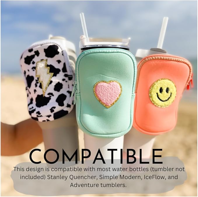 Water Bottle Pouch For Tumblers, Gym Accessories, Unisex | Compatible w/ 20-48oz Tumblers Including Stanley Quencher | Holds Phone, Wallet, Keys, Cards, & More (Neon Orange/Smile Face)