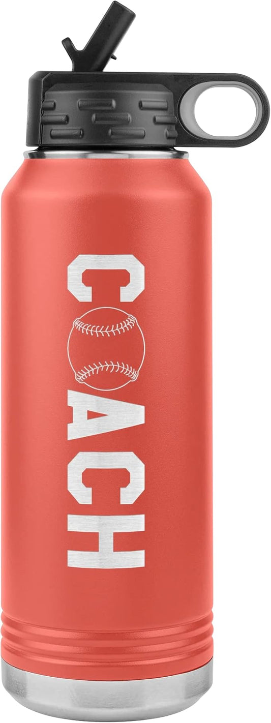 Baseball Coach Water Bottle - 32oz Insulated Engraved Stainless Steel Flip Top with Straw Baseball Coach Gift Coral