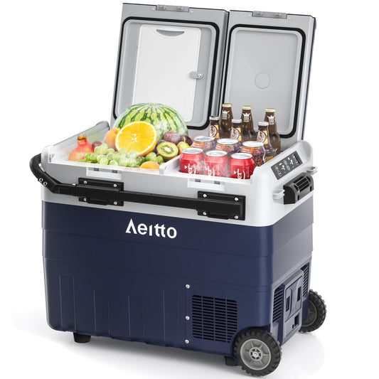 Aeitto 12 Volt Car Refrigerator, 52QT(50L) Dual Zone Portable Car Fridge Freezer -4℉-68℉ Electric Cooler Dual Temp Control Cooling Freezing 12/24V DC & 100-240V AC for Travel, Camping, RV, Road, Home