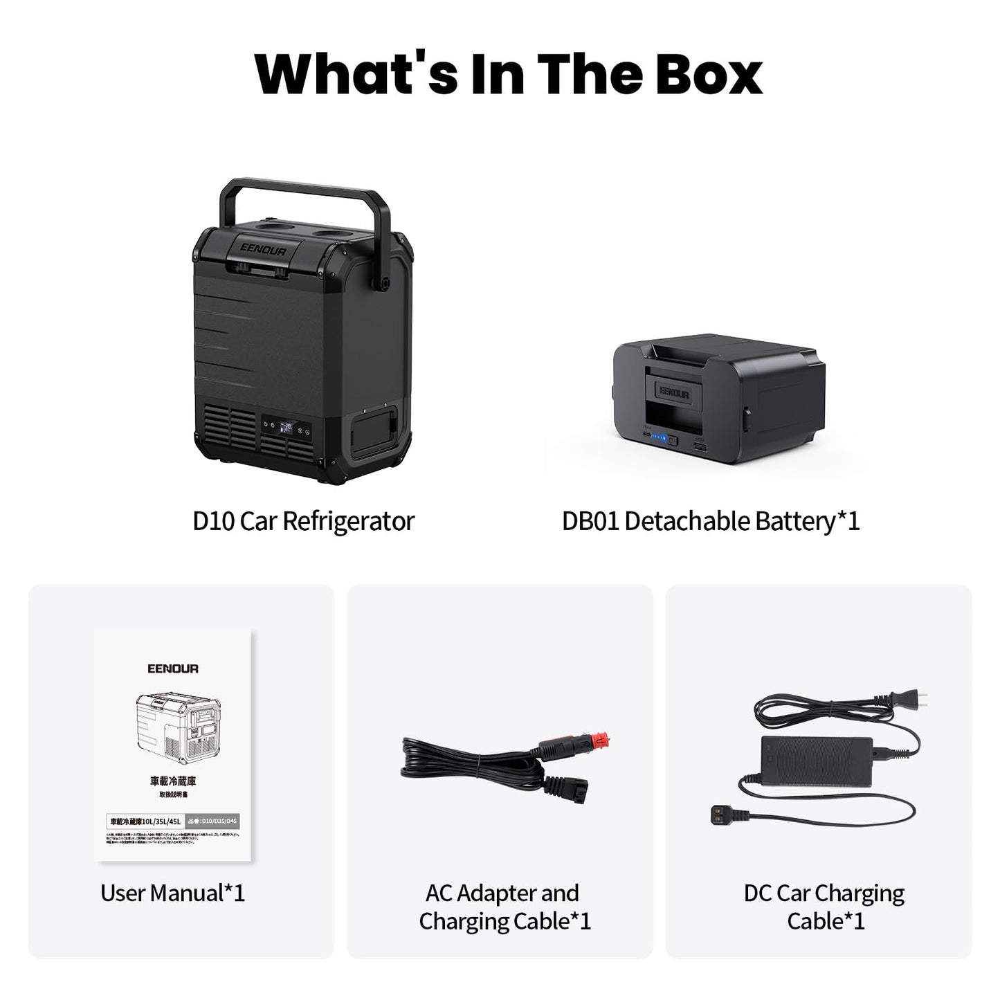 EENOUR D10 12 Volt Car Refrigerator, Portable Freezer 10.6Qt/10L, Compressor Electric Cooler, -4~50℉, 12/24V DC, 110~240V AC, 12V Fridge for Camping, Road Trips, RV, Truck (Battery Included) - Black