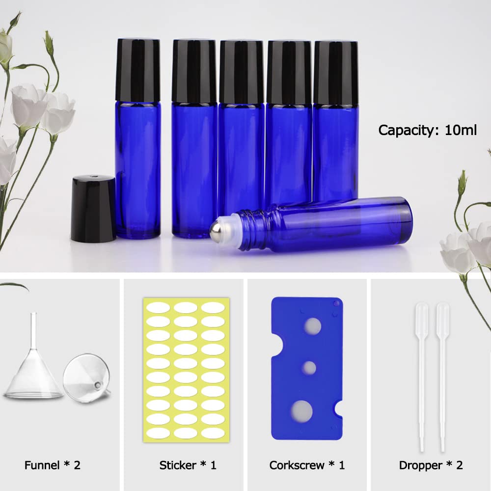Sungwoo 12 Pack Essential Oil Bottles, 10ml Blue Glass Bottles with Stainless Steel Roller Balls and Caps for Travel, Perfume and Lip Gloss
