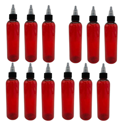 Natural Farms 4 oz Red Cosmo Plastic Bottles -12 Pack Empty Bottle Refillable - BPA Free - Essential Oils - Aromatherapy | Black/Natural Twist Top Cap - Made in the USA