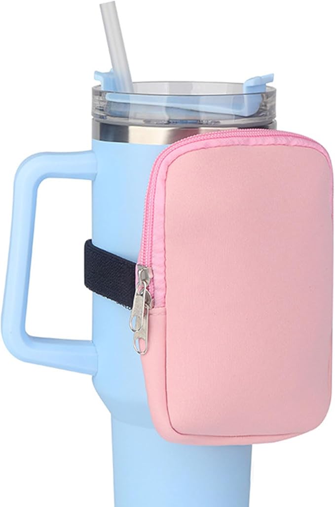 Water Bottle Pouch for Stanley, Gym Tumbler Accessories for Women, Compatible with Stanley Quencher Adventure 40oz & IceFlow 20/30oz, Tumbler with Pocket for for Phone, Card, Keys, Cash (Pink)
