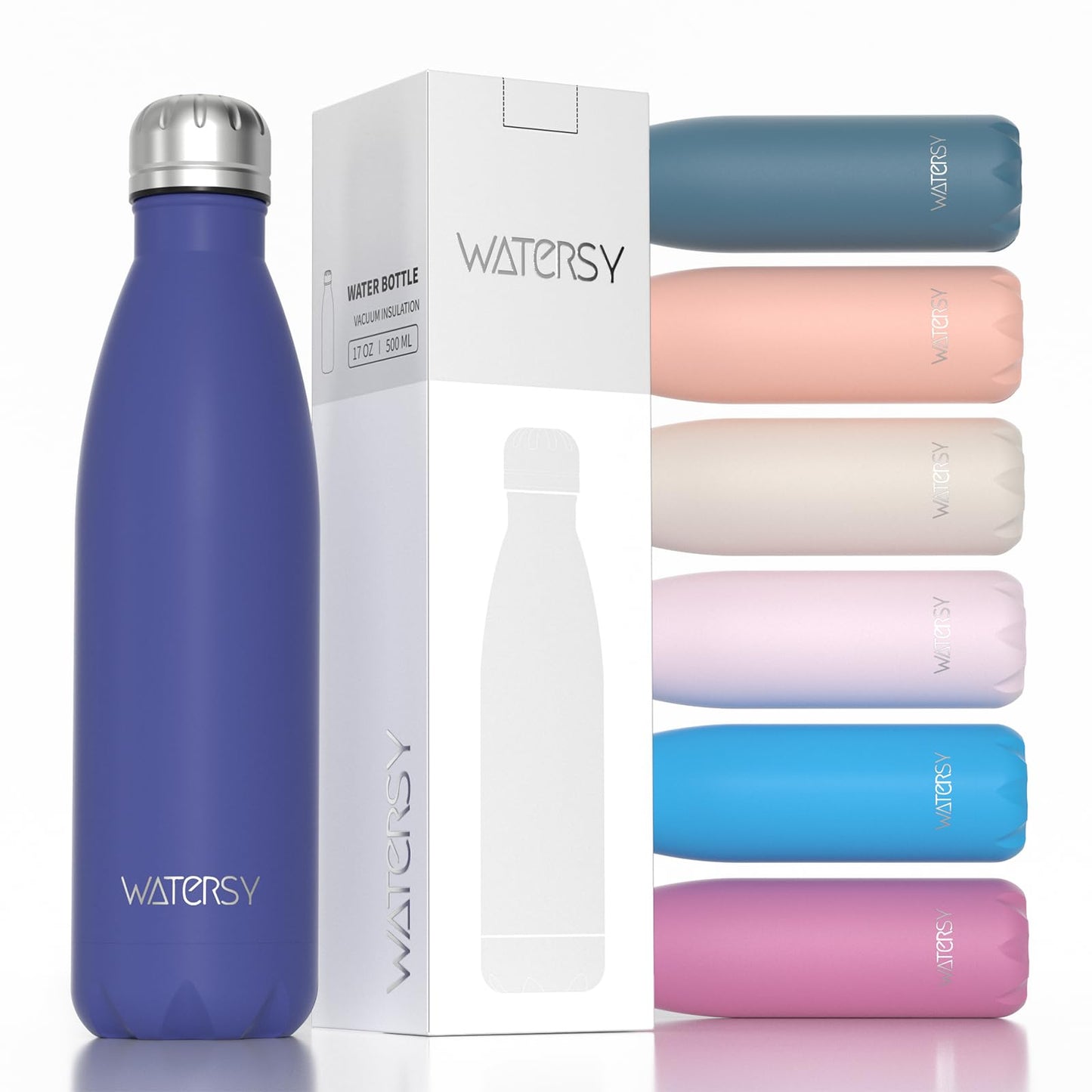 WATERSY Stainless Steel water bottles,17oz/500ml Insulated Water Bottles,Deep Blue metal water bottle Keeps Drink Cold and Hot,BPA Free kids water bottles for School,Gym,Travel,Sports