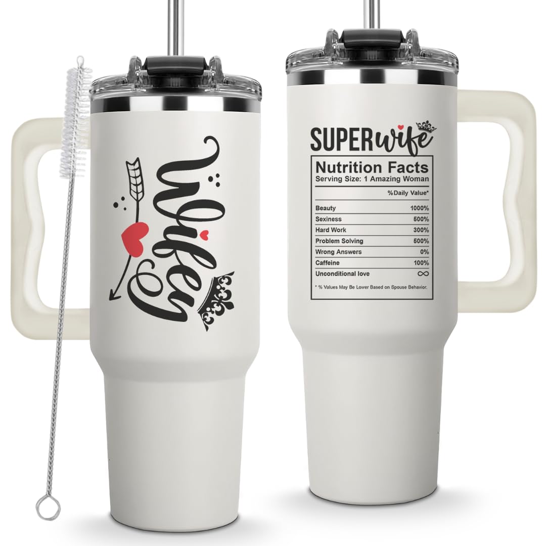 Vivulla68 Gifts for Wife from Husband - Wife Tumbler 40Oz, Wifey Gifts on Birthday & Anniversary, Present Ideas for Wifey Her, Cool Wedding Coffee Cup with Straw and Handle, Drinking Mug for Women