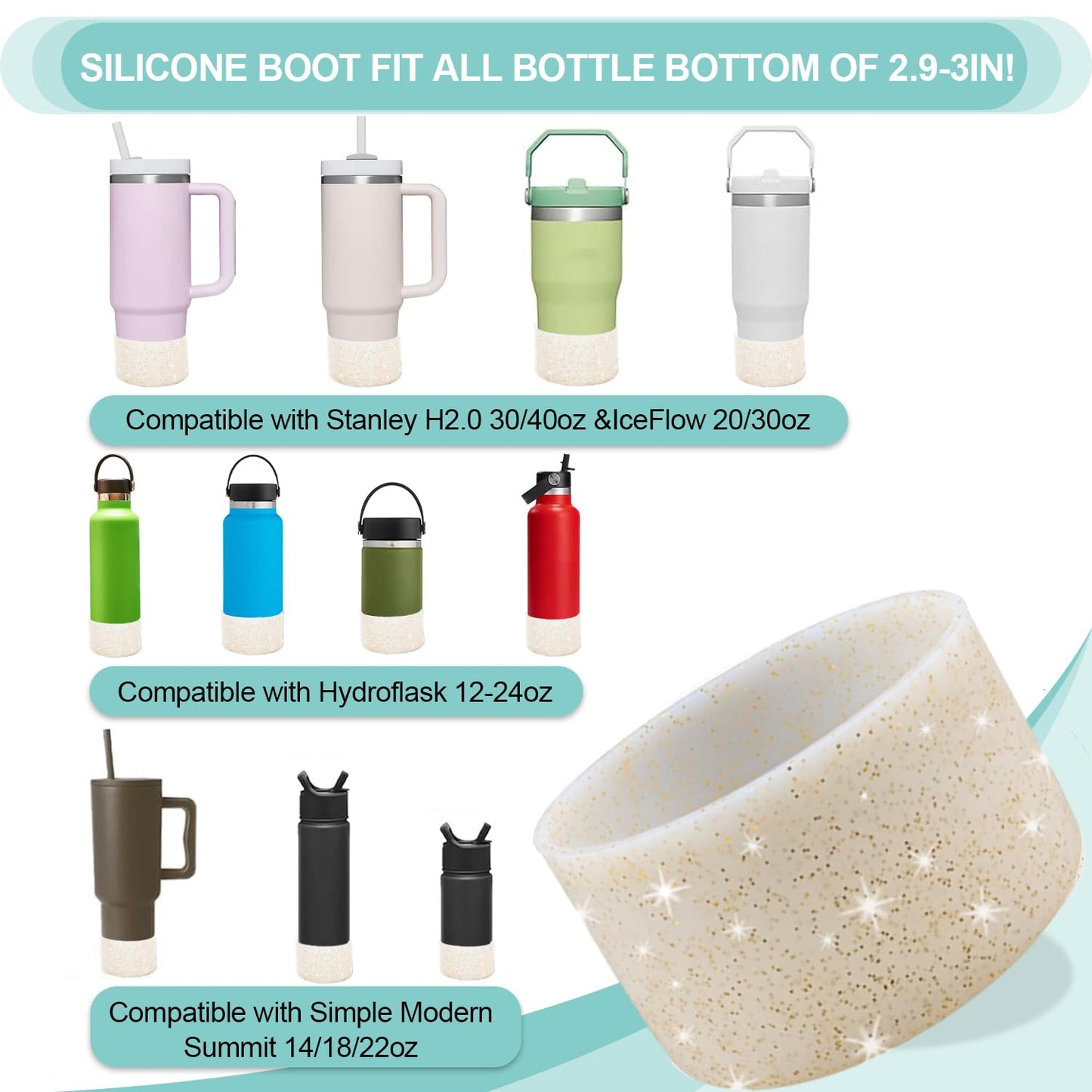 4Pcs Gold Glitter Silicone Boot for Stanley Cup H2.0 30oz 40 oz &Hydro Flask 12-24 oz and Water Bottle Bottom of 2.9-3in, Tumbler Boot Sleeve Cover Bottom Protector