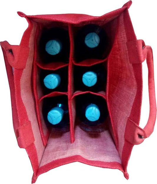 KVR natural Jute burlap wine beer water bottle cum can carrier bag with option to use as Grocery & lunch bag, Eco Environment Friendly versatile flexible(6 bottle bag, Red)