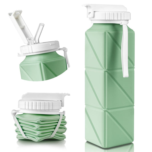 Collapsible Travel Water Bottles, Food Grade BPA Free Silicone Foldable Water Bottle, Leakproof Portable Expandable Water Bottles for Traveling, Camping, Hiking, Cycling & Sports Outdoor 620ml, Green