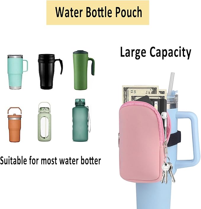 Water Bottle Pouch for Stanley, Gym Tumbler Accessories for Women, Compatible with Stanley Quencher Adventure 40oz & IceFlow 20/30oz, Tumbler with Pocket for for Phone, Card, Keys, Cash (Pink)