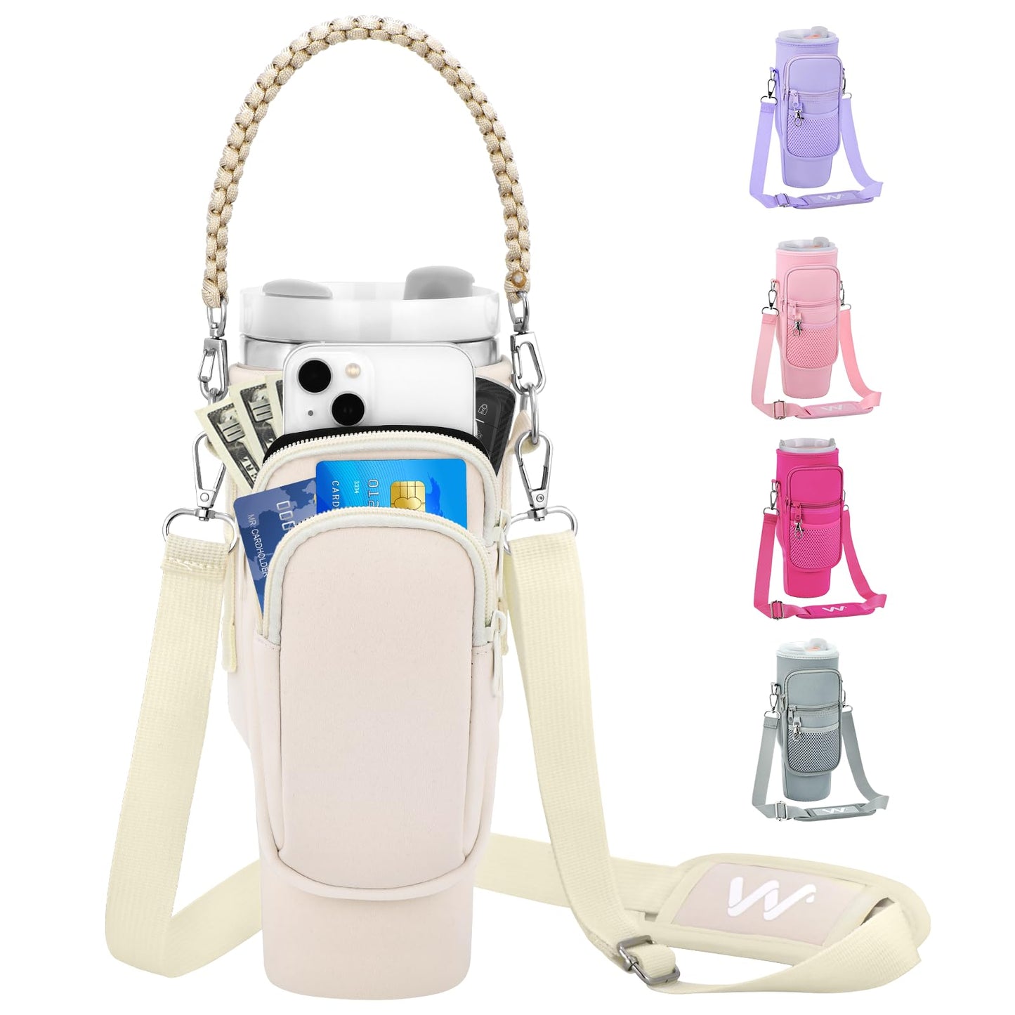 WEREWOLVES Water Bottle Carrier Bag with Phone Pocket for Stanley 40 oz Tumbler, Water Bottle Holder with Adjustable Strap & Paracord Handle, Neoprene Holder for Stanley Cup Accessories (Cream)