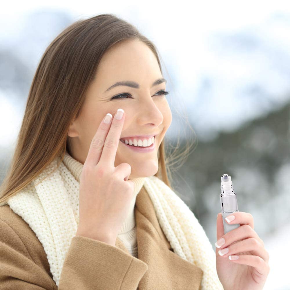 Sungwoo 12 Pack Essential Oil Bottles, 10ml Clear Glass Bottles with Stainless Steel Roller Balls and Caps for Travel, Perfume and Lip Gloss