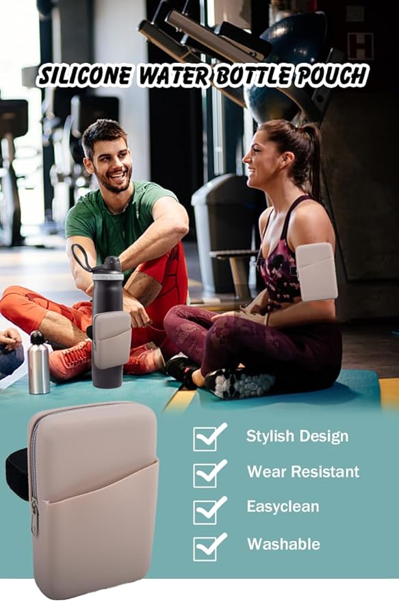 Water Bottle Pouch Silicone Gym Tumbler Accessories for Stanley Quencher Stanley IceFlow Simple Modern tumbler20 oz 30 oz 40 oz, with Pocket for Storage for Phone, Card, Key, Wallet (Khaki)