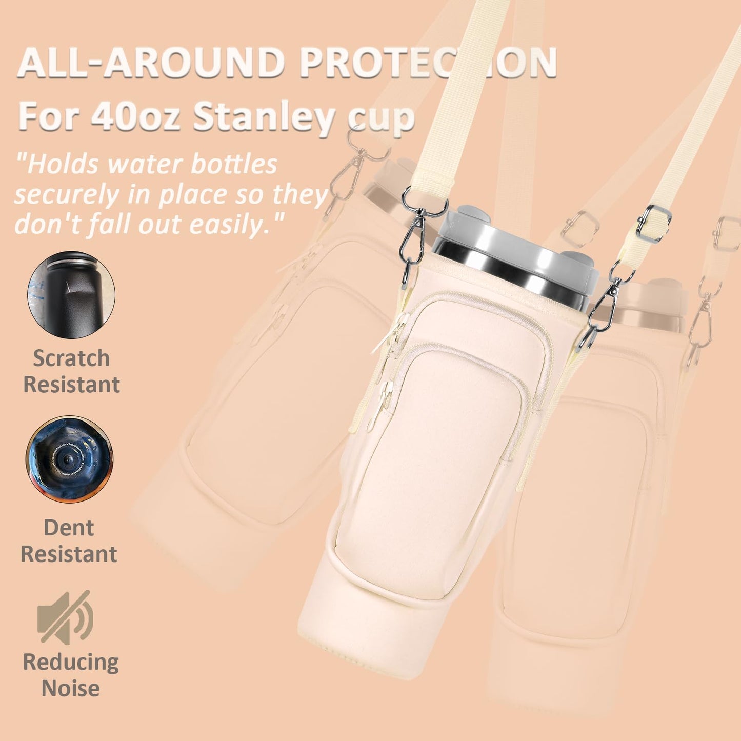 WEREWOLVES Water Bottle Carrier Bag with Phone Pocket for Stanley 40 oz Tumbler, Water Bottle Holder with Adjustable Strap & Paracord Handle, Neoprene Holder for Stanley Cup Accessories (Cream)