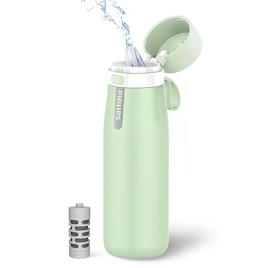 PHILIPS Filtered Water Bottle, Insulated Stainless Steel Water Purifier Bottle for Daily Life & Travel, BPA Free with GoZero Everyday Filter for Cleaner Tastier Tap Water, Keeps Cold, 18.6 oz Green