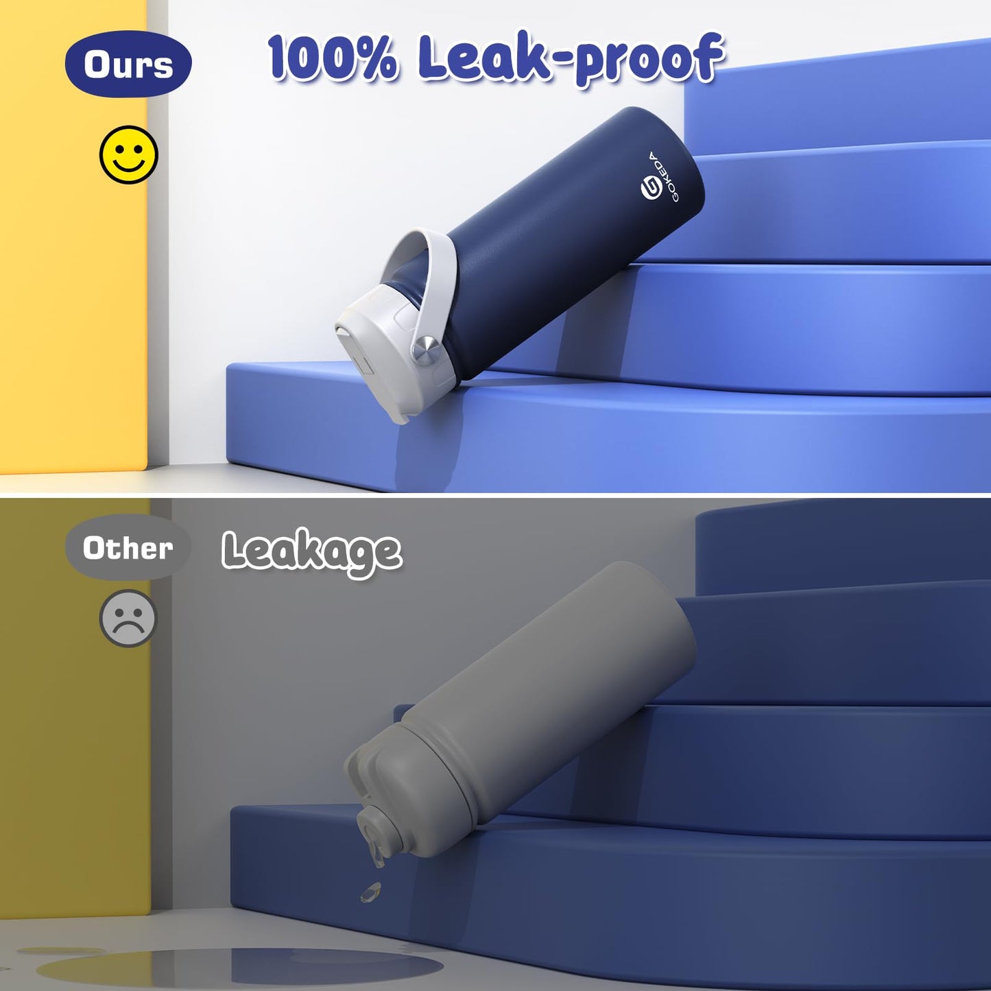 GoKEDA 18oz Kids Water Bottle, 2 Pack Insulated Bottles with Stickers, 18/8 Stainless Steel Vacuum Leak Proof Straw Cup for School, Gifts for Boys(Light Blue, Dark Blue)