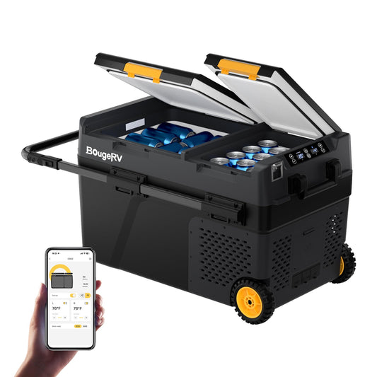BougeRV 12 Volt Car Refrigerator, CRD2 43 Quart Portable Fridge Freezer with APP Control, -4℉ to 68℉ Dual Zone Compressor Electric Cooler 12/24V DC, 110~240V AC for Overlanding, Camping, RV, Truck