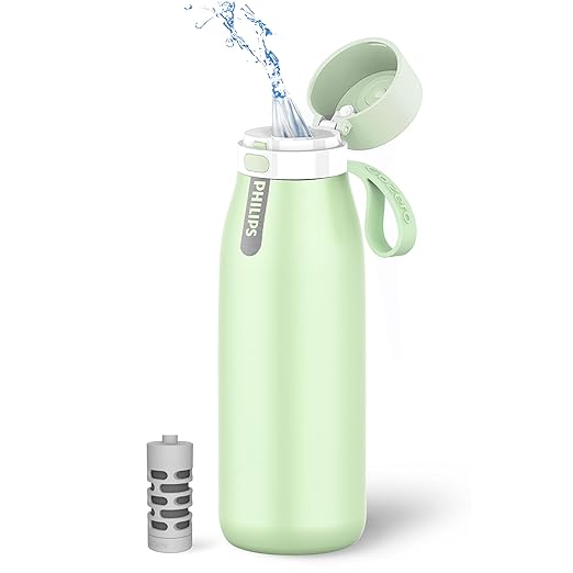 PHILIPS GoZero Everyday Insulated Stainless Steel Water Bottle Everyday Tap Water Filter BPA Free Transform Tap Water into Healthy Tastier Water Keep Drink Hot/Cold, 32 oz, Green