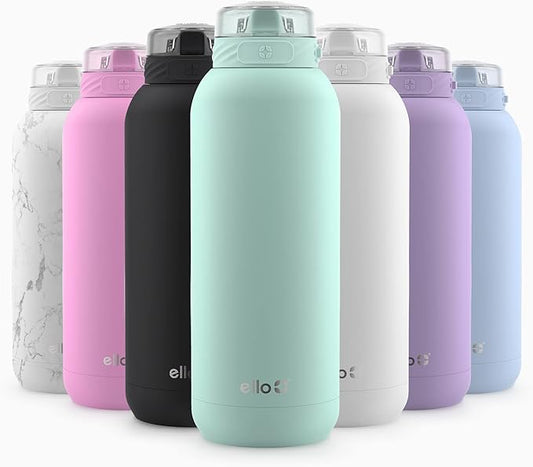 Ello Cooper 32oz Stainless Steel Water Bottle with Straw and Carry Handle, Double Walled and Vacuum Insulated Metal, Leak Proof Locking Lid with Soft Silicone Spout, Reusable, BPA Free, Yucca