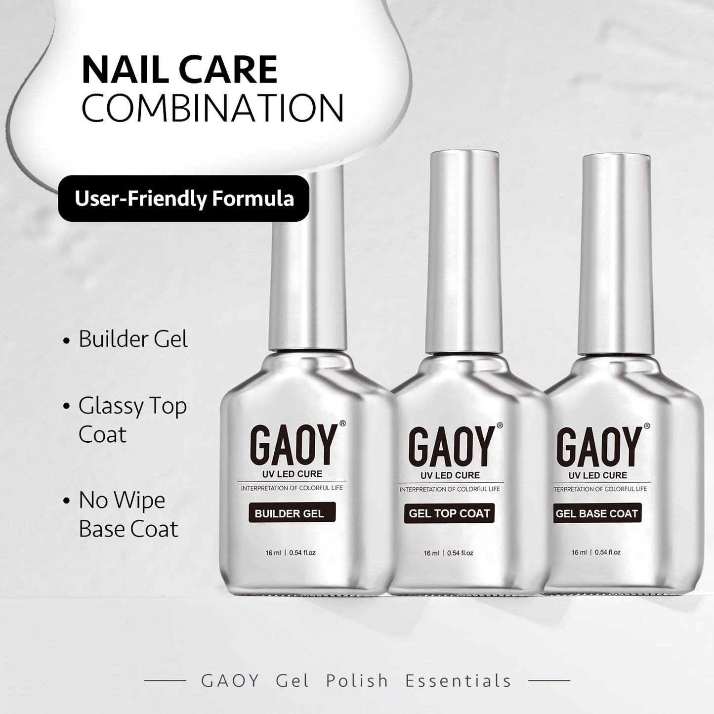 GAOY Gel Top Coat, Builder Gel and Base Coat Set, 3 Pcs 16ml Clear Glossy No Wipe Combination for UV Light Cure Gel Nail Polish