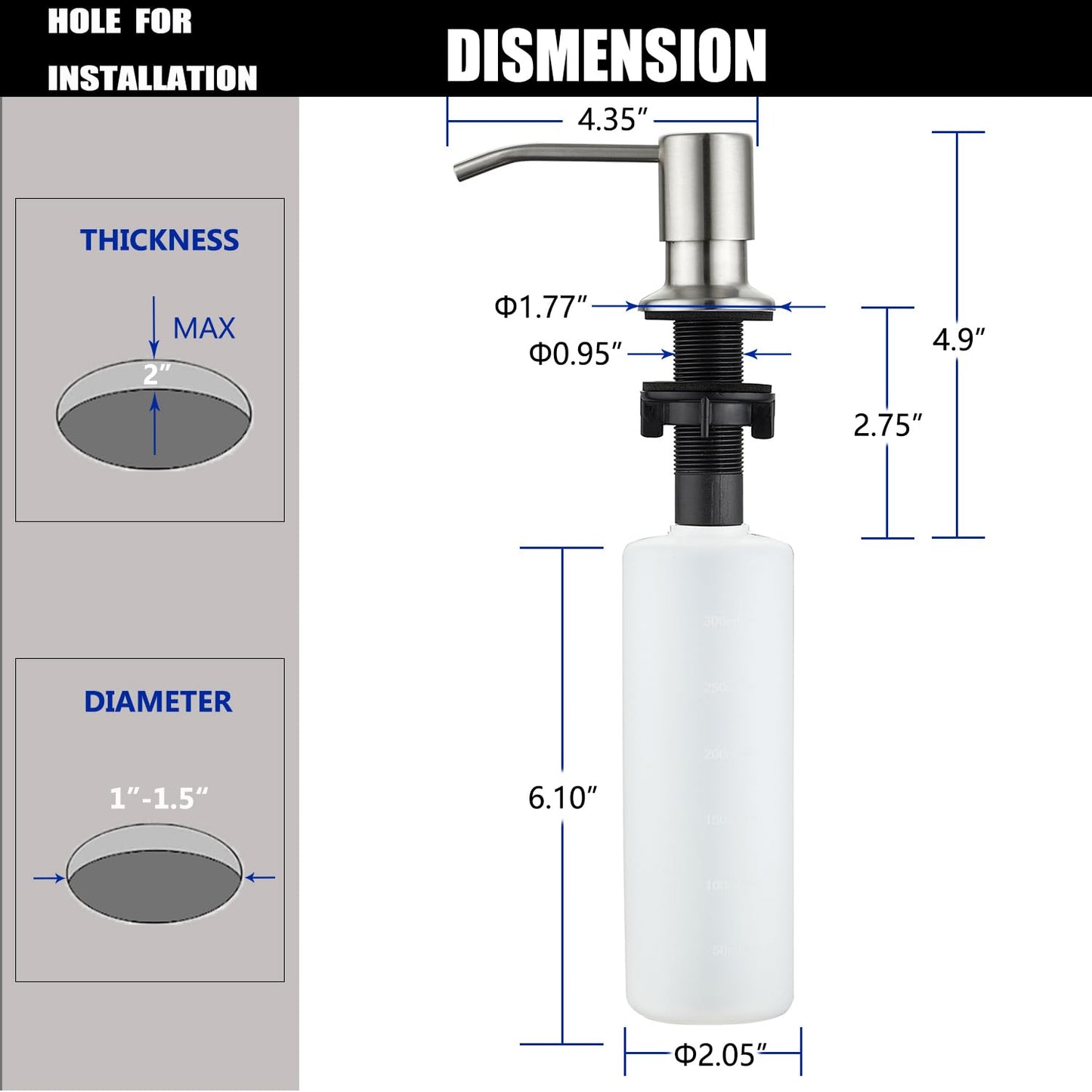 Sink Soap Dispenser Brushed Nickel, Soap Dispenser for Kitchen Sink Stainless Steel Refill from The Top Built in Sink Soap Dispensers with 13 OZ Soap Bottle