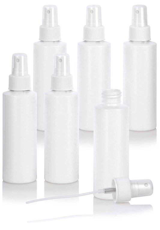 JUVITUS 4 oz / 120 ml White Plastic HDPE Refillable Cylinder Squeeze Bottle with White Fine Mist Spray (6 Pack)