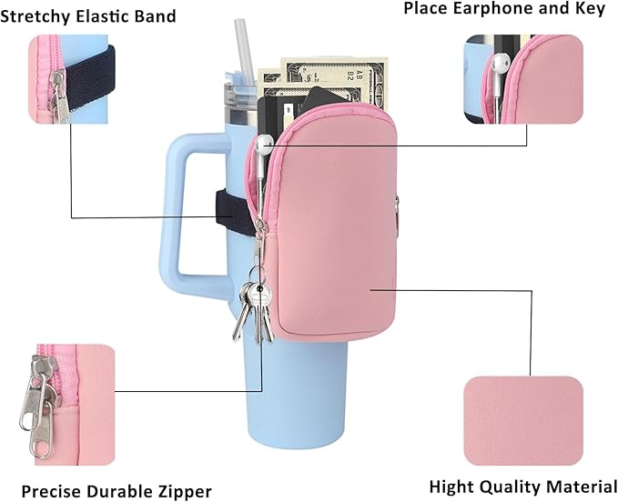 Water Bottle Pouch for Stanley, Gym Tumbler Accessories for Women, Compatible with Stanley Quencher Adventure 40oz & IceFlow 20/30oz, Tumbler with Pocket for for Phone, Card, Keys, Cash (Pink)