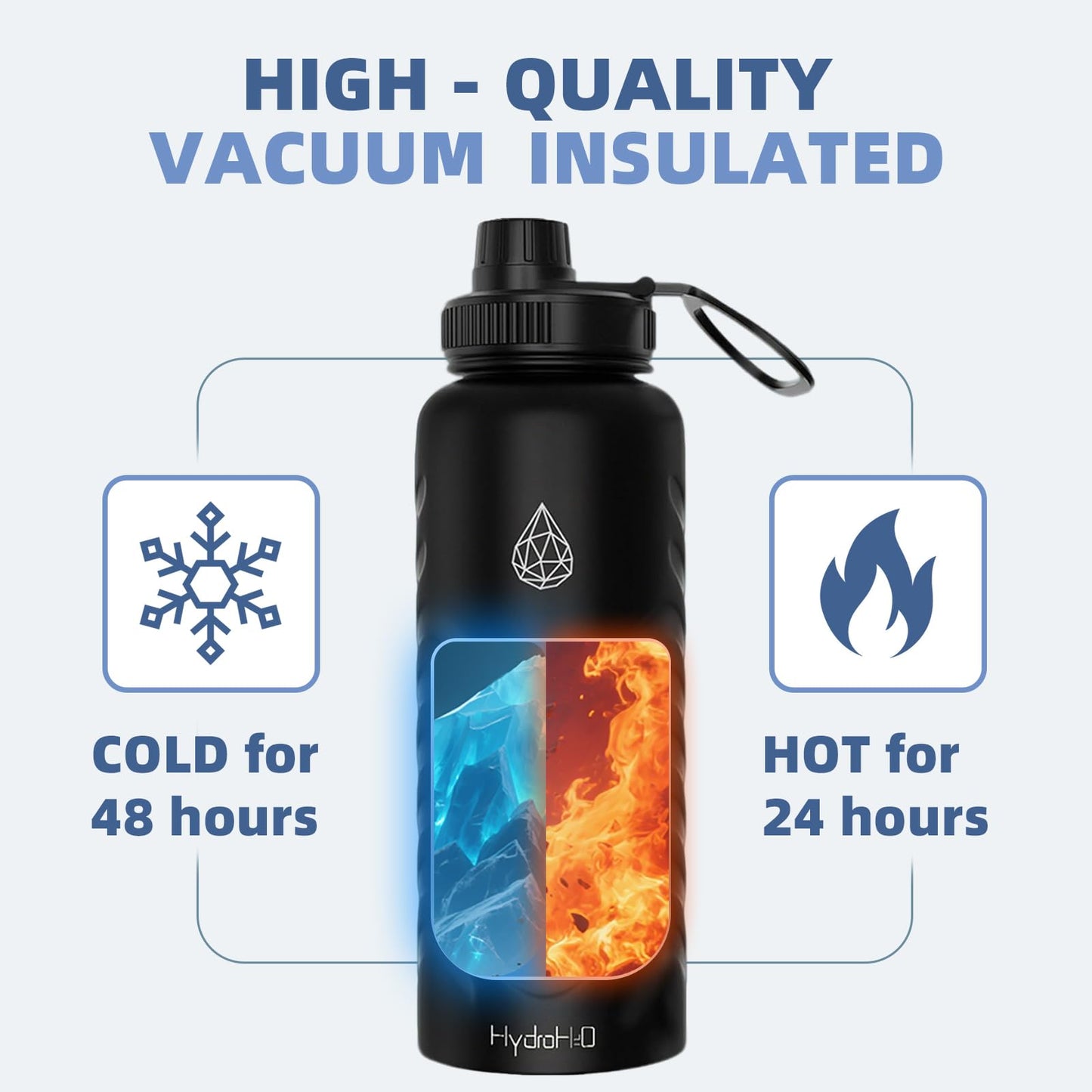 HYDRO H2O 24oz Stainless Steel Insulated Water Bottle, 48H Cold & 24H Hot, Leak-Proof Wide Mouth Lids (Straw & Spout), BPA-Free Bottles, Mens Water Bottle for Gym, Hiking, Travel - Black