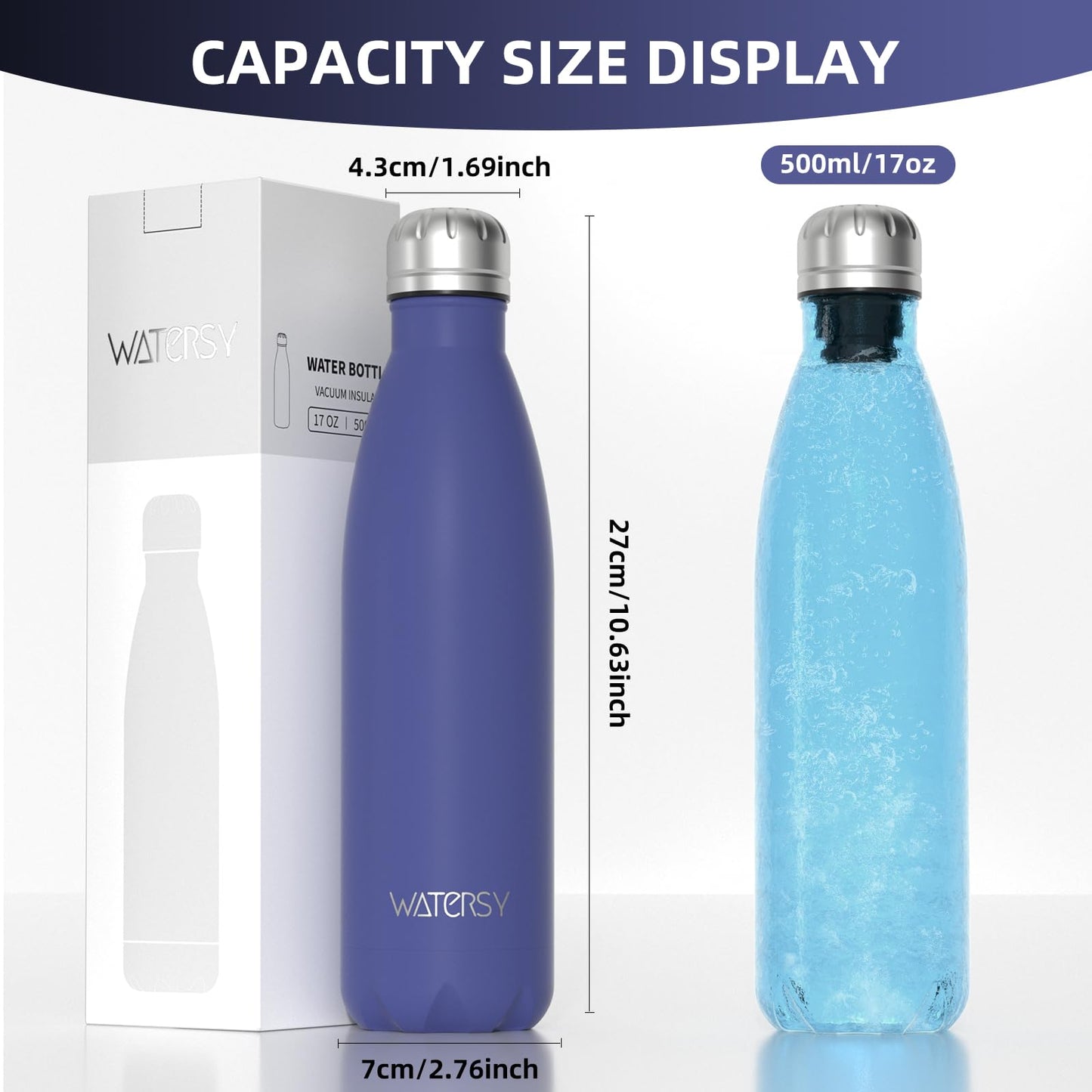WATERSY Stainless Steel water bottles,17oz/500ml Insulated Water Bottles,Deep Blue metal water bottle Keeps Drink Cold and Hot,BPA Free kids water bottles for School,Gym,Travel,Sports