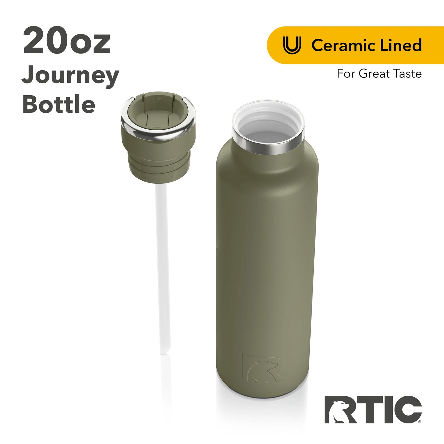 RTIC 20oz Journey Bottle Metal Stainless Steel Vacuum Insulated, BPA Free, Reusable, for Water, Hot and Cold Drinks, Travel, Sports, Camping, Olive
