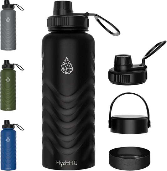 HYDRO H2O 24oz Stainless Steel Insulated Water Bottle, 48H Cold & 24H Hot, Leak-Proof Wide Mouth Lids (Straw & Spout), BPA-Free Bottles, Mens Water Bottle for Gym, Hiking, Travel - Black