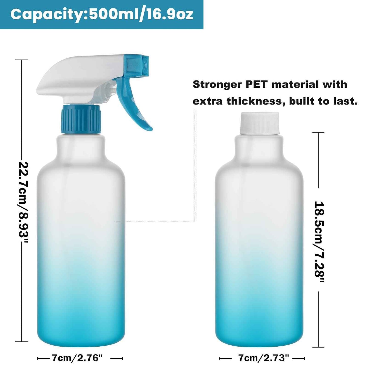 Hethyo Spray Bottles 16.9oz/500ml Plastic Spray Bottle for Hair Mist/Stream Empty Spray Bottle Heavy Duty Refillable Containers for Cleaning Solutions, Plants Gradient 2 Pack (Blue)