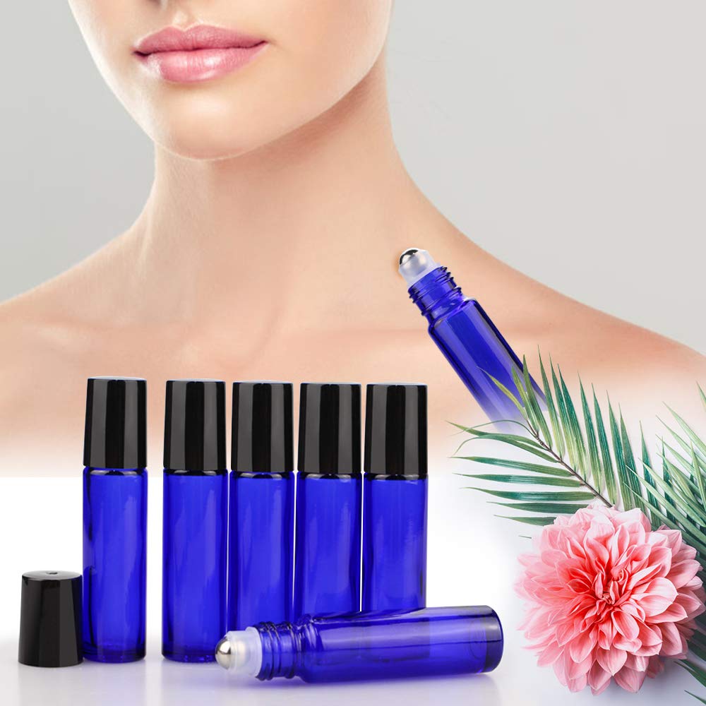 Sungwoo 12 Pack Essential Oil Bottles, 10ml Blue Glass Bottles with Stainless Steel Roller Balls and Caps for Travel, Perfume and Lip Gloss
