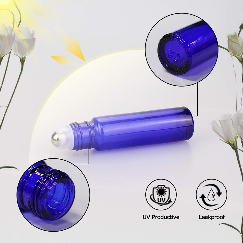 Sungwoo 12 Pack Essential Oil Bottles, 10ml Blue Glass Bottles with Stainless Steel Roller Balls and Caps for Travel, Perfume and Lip Gloss