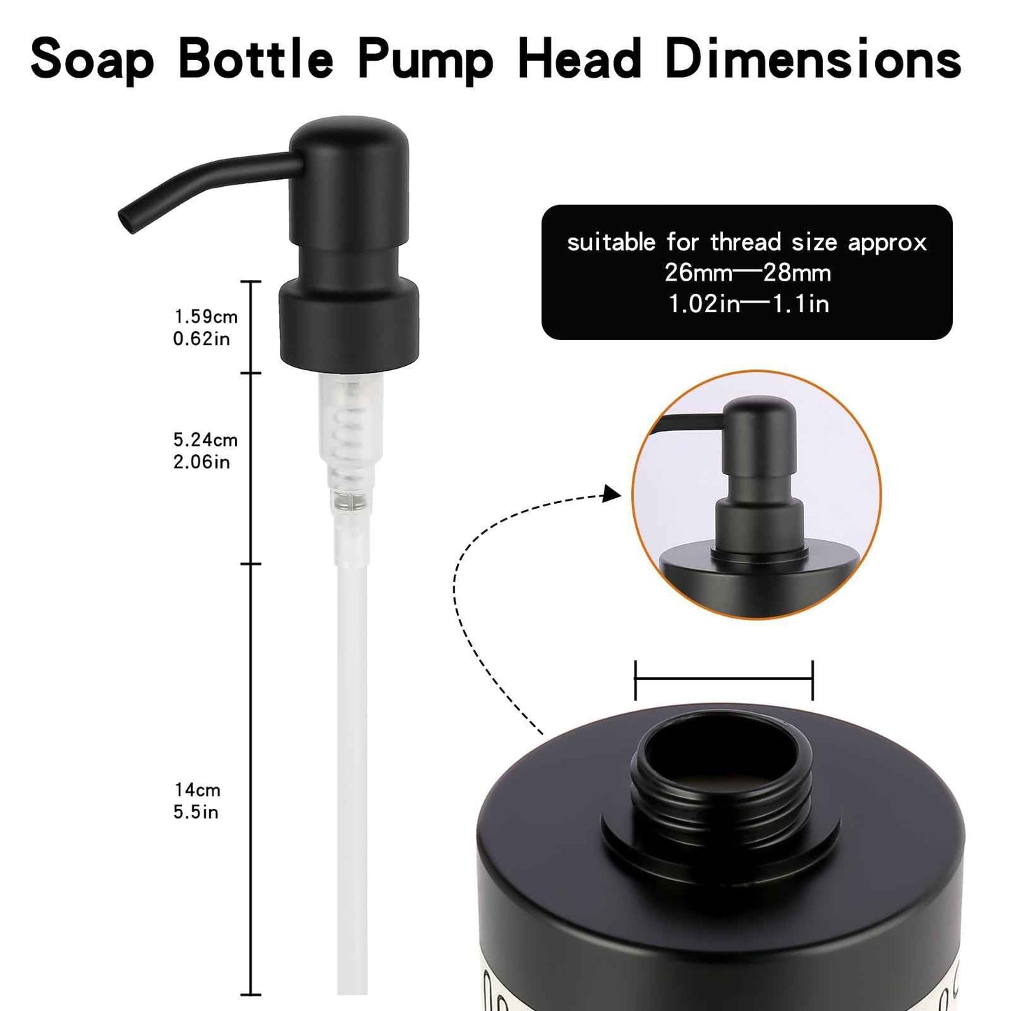 2PCS Stainless Steel Black Soap and Lotion Dispensers Pump Replacement,Smooth Action Replacement for Round 1.1in (28 mm) Neck Bottles,Rust Proof&Leak Proof