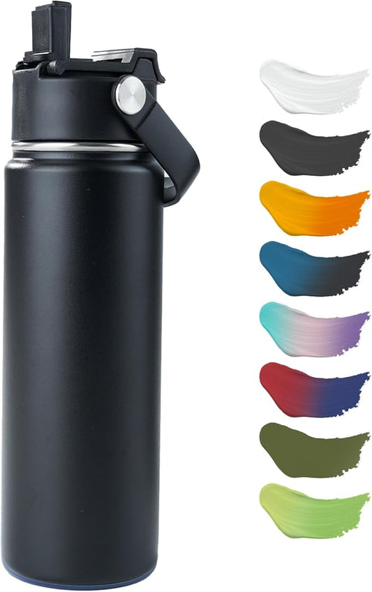Kerilyn 24oz Stainless Steel Insulated Water Bottle, Double Wall Vacuum, Leak Proof with Silicone Straw, Wide Mouth, BPA Free, Copper Lined, Keep Cold 24h Hot 12h, Black