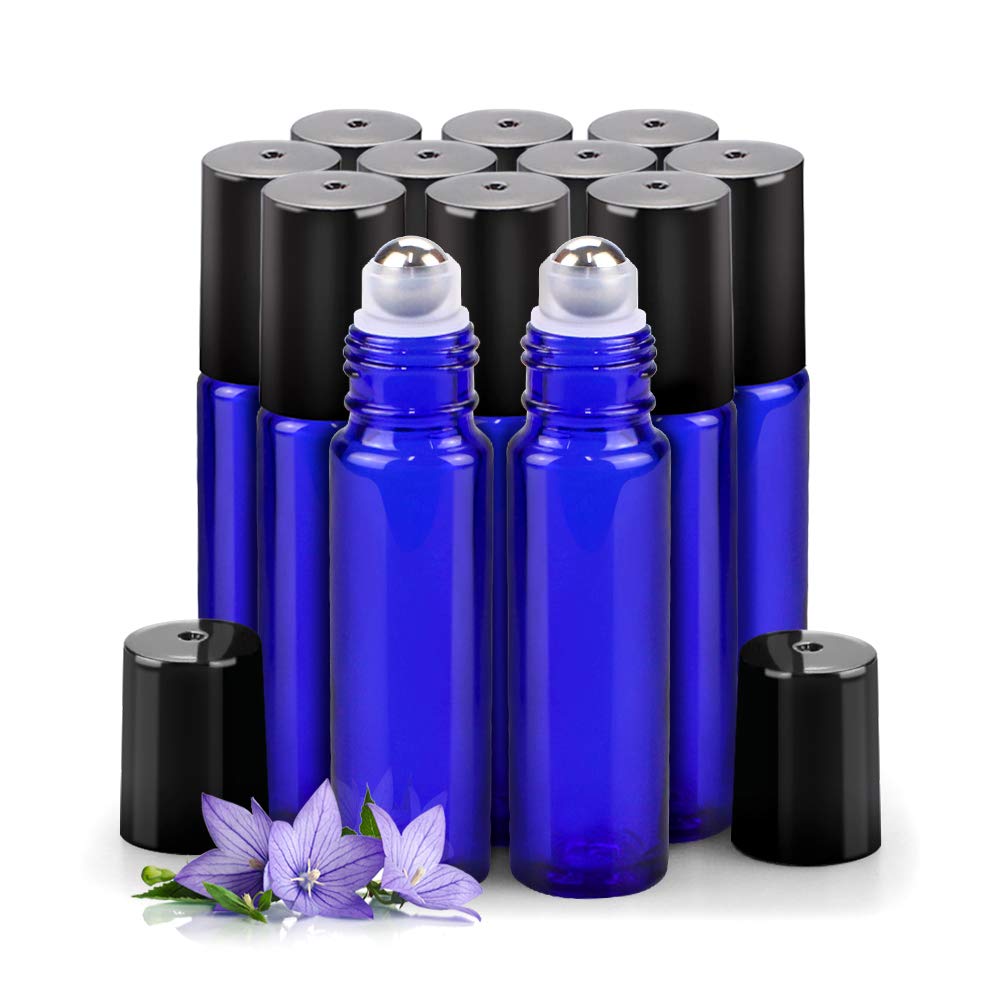 Sungwoo 12 Pack Essential Oil Bottles, 10ml Blue Glass Bottles with Stainless Steel Roller Balls and Caps for Travel, Perfume and Lip Gloss