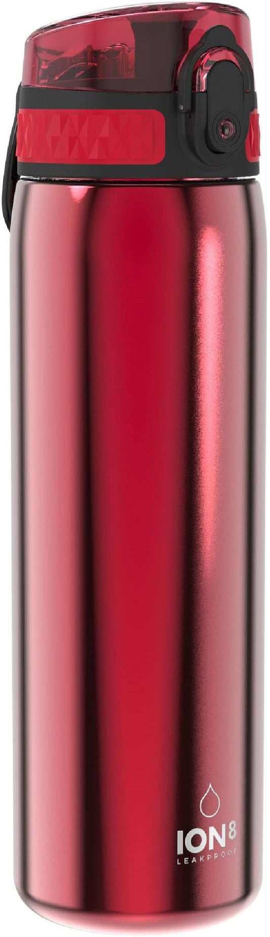 Ion8 Steel Water Bottle, 600 ml/20 oz, Leak Proof, Easy to Open, Secure Lock, Dishwasher Safe, Hygienic Flip Cover, Fits Cup Holders, Carry Handle, Durable, Carbon Neutral, Metallic Red