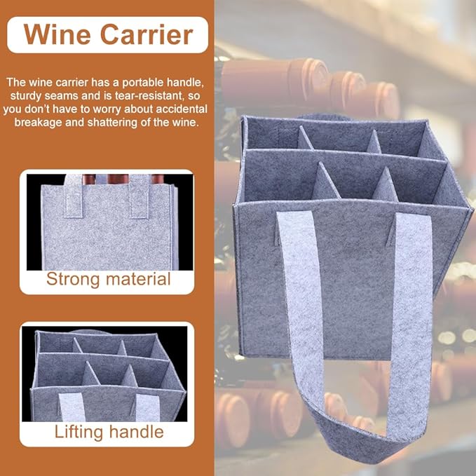 Bottle Bag for Wine, 6 Compartments Felt Wine Bottle Holder, Resuable Wine Tote Bag with Compartments for Transporting Red Wine, Champagne, Beer and Water Bottles(light grey)