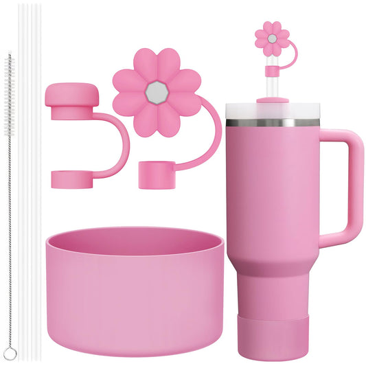 6 Pcs Accessories for Stanley Cup 20-40oz,2 Straw Covers,2 Replacement Straws,1 Straw Brush,1 Boot Included, SIlicone Straw Cover Caps Topper (Peony)