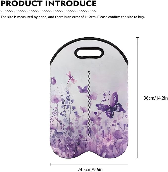 doginthehole Wine Carrier Tote 2 Bottle Wine Bag Aesthetic Watercolor Purple Floral Butterfly Print Neoprene Wine Bottle Holder Water Bottle/Beer/Drinks/Champagne Bottle Protective Bags