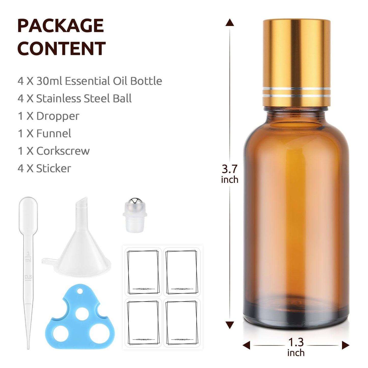bofessor 30ml Glass Roller Bottles 4-Pack, Refillable Roll-On Bottles for Essential Oils, Perfume, and DIY Blends with Stainless Steel Rollers-Amber, Golden Cap