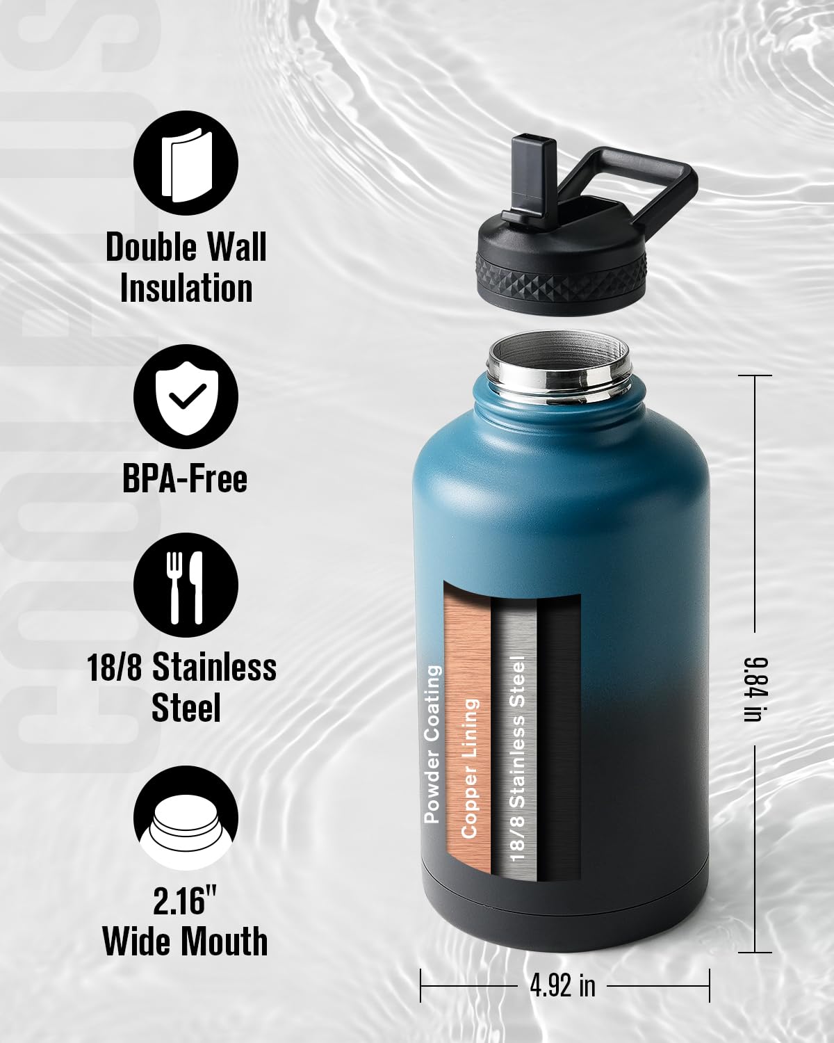 64 oz Water Bottle Insulated, Coolplus Half Gallon Insulated Water Jug With Straw Stainless Steel Double-Walled Vacuum Metal Large Flask Bpa-Free Leakproof, Keep Cold 48 Hrs Hot 24hrs, Blue Black