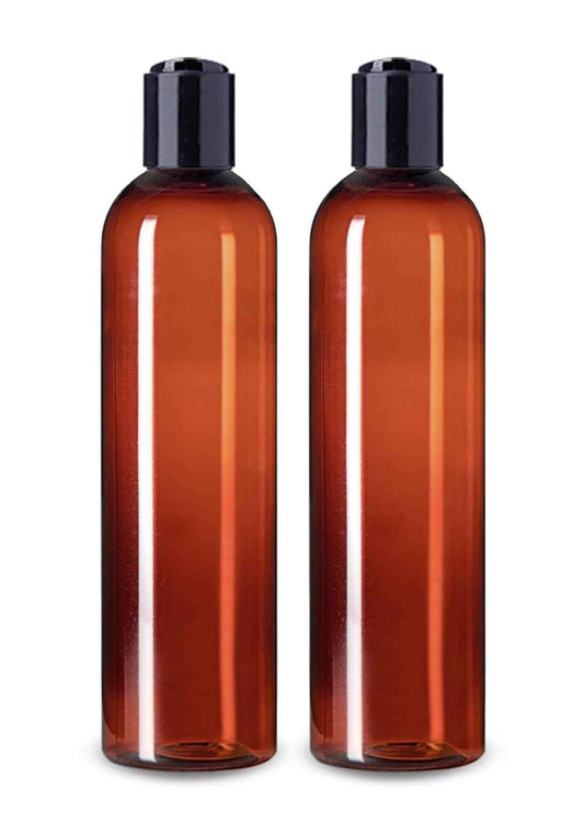 ljdeals 8 oz Amber Plastic Empty Bottles with Black Disc Top Caps, Refillable Containers for Shampoo, Lotions, Cream and More Pack of 2, BPA Free, Made in USA