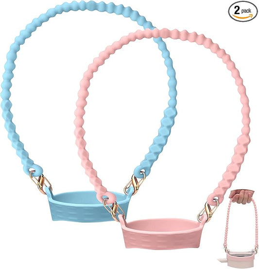 2PCS Water Bottle Handle Strap,Silicone Water Bottle Sling Compatible with Stanley Water Cup Accessories Water Bottle Holder with Strap Fits Most 8-40oz Water Bottles(Pink+Blue)