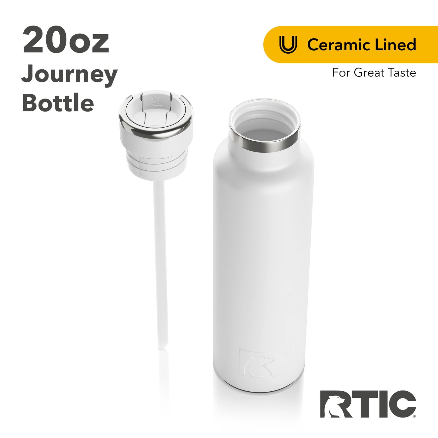 RTIC 20oz Journey Bottle Metal Stainless Steel Vacuum Insulated, BPA Free, Reusable, for Water, Hot and Cold Drinks, Travel, Sports, Camping, White