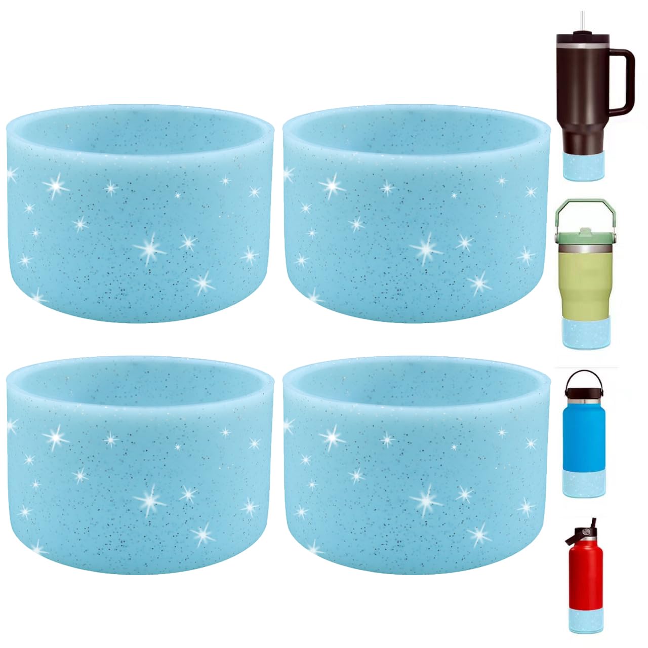 4Pcs Blue Glitter Silicone Boot for Stanley Cup H2.0 30oz 40 oz &Hydro Flask 12-24 oz and Water Bottle Bottom of 2.9-3in, Tumbler Boot Sleeve Cover Bottom Protector