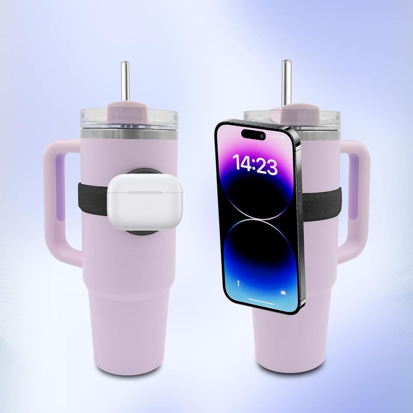 Water Bottle Phone Holder for MagSafe, Magnetic Holder Upgrade Silicone Anti-slip Adjustable Strap for Stanley Cup Gym Accessories, for iPhone & AirPods Owala Simple Modern Water Bottle w/2×Metal Ring
