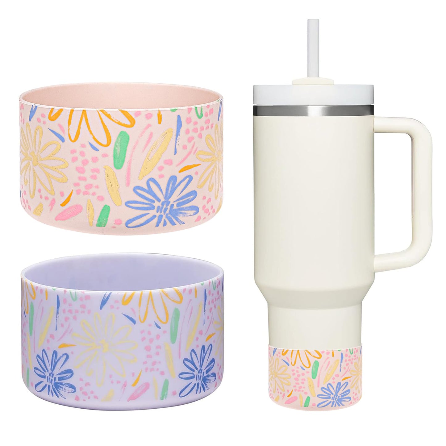 WK IEASON 2 Pcs Tumbler Bottom Protector Boot for Stanley Quencher Adventure 40oz & Stanley IceFlow 20oz 30oz and Compatible with Hydro Flask Water Bottle 12oz 21oz 24oz (Rose Quartz/Fog Flowers)