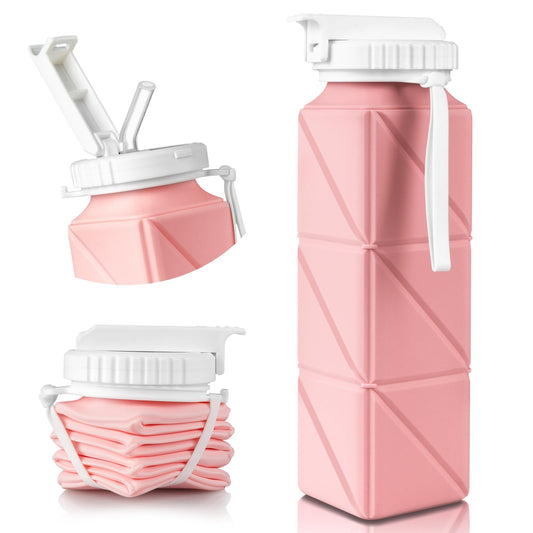 Collapsible Travel Water Bottles, Food Grade BPA Free Silicone Foldable Water Bottle, Leakproof Portable Expandable Water Bottles for Traveling, Camping, Hiking, Cycling & Sports Outdoor 620ml, Pink